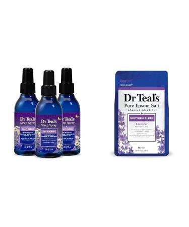 Dr Teal's Sleep Spray with Melatonin & Essential Oil Blend (Pack of 3) & Epsom Salt Soaking Solution Soothe & Sleep Lavender 3lbs