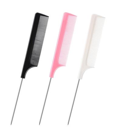 DAZISEN 3 Pieces Hair Comb - Anti-Static Tail Combs Fine Tooth Combs Salon Barber Hairdressing Comb with Stainless Steel Handle for Women and Men (Black+Pink+White) *3
