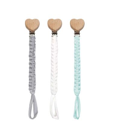 Pack of 3 pacifier chains cotton pacifier strap baby pacifier chains for newborn girls and boys bibs (white + grey + blue)