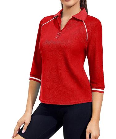 Aurgelmir Women's Casual 3/4 Sleeve V-Neck Golf Polo Shirt - Red, Small - Buy Online on GoSupps.com