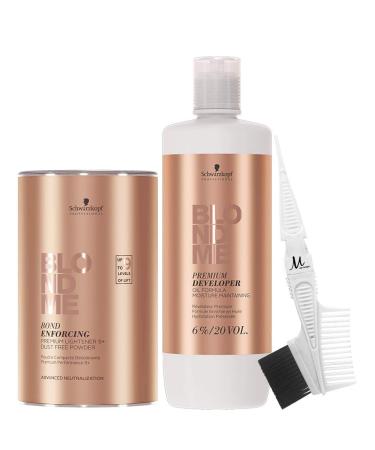 BlondMe 6% / 20 Vol Developer 1 Liter, BlondMe Lightener 9+ Bond Enforcing Premium Dust Free Bleach 450 grams, M Hair Designs Tint Brush/Comb (Bundle 3 items)