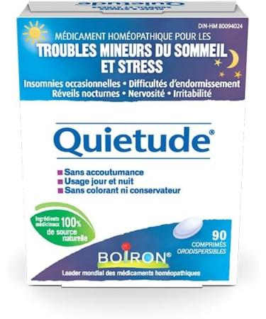 Boiron Quietude 90 tablets Great for sleep and minor sleeping disorders (restlessness difficulty falling asleep nocturnal awakening occasional sleeplessness) and nervousness (hypersensitivity irritability). Homeopathic Medicine. - Buy Online on GoSupps.com