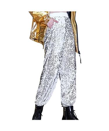Acdresong Men's Womens Glitter Shiny Sequins Hip Hop Dance Baggy Harem Pants Bloomers Stretchy Trousers White X-Large