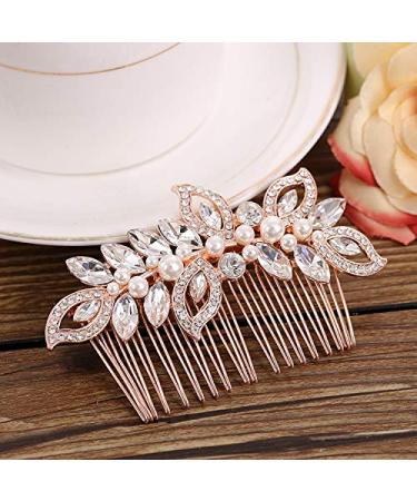 Kercisbeauty Wedding Bridal Bridesmaids Flower Girl Rhinestone Crystal Leaf Rose Gold Hair Comb Slide for Prom Bun Hair Accessory (Rose Gold)