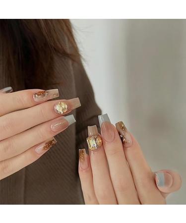 24Pcs/Set Press On Nails Medium Length Brown Gradient Sparkling Diamond False Nails Acrylic Fake Nails Full Cover Nails Tips Artificial Finger Manicure Press on nails for Women and Girls