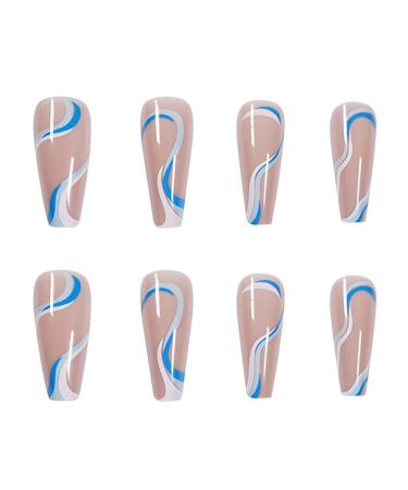 Blue Swirls Coffin Fake Nails - Glossy Acrylic Long Press on Nails for Women - Buy Online on GoSupps.com