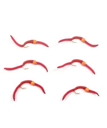 The Fly Fishing Place Trout Nymph Fly - San Juan Worm Power Bead 1/2 Dozen Orange Bead Red V-Rib Hook Size 12 - Set of 6 Nymph Wet Flies