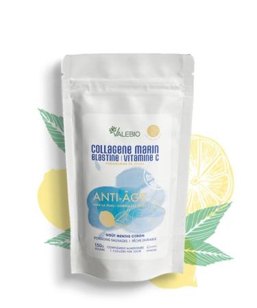 Marine Collagen Powder Type 1-3 & Vitamin C | Lemon Mint Flavor | Anti-Aging & Anti-Wrinkle | 150g | 1 Month Treatment | Made in France | Valebio