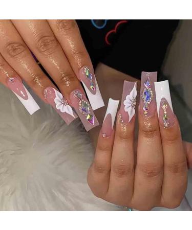 Foccna White Press on Nails Artificail Extra Long French Square Fake Nails Crystal Flowers Nails Acrylic Full Cover Long Fake Nails with Design Nail Tips for Women&Girls-24PCS Nails 8