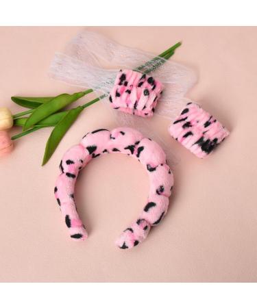Pink Leopard Print Skincare Headband and Wristbands Fluffy Headband for Skincare 3 Piece Spa Headband and Wrist Washband Face Wash Set Puffy Makeup Headbands for Women Girls Sponge Skincare Leopard Print Pink - Buy Online on GoSupps.com