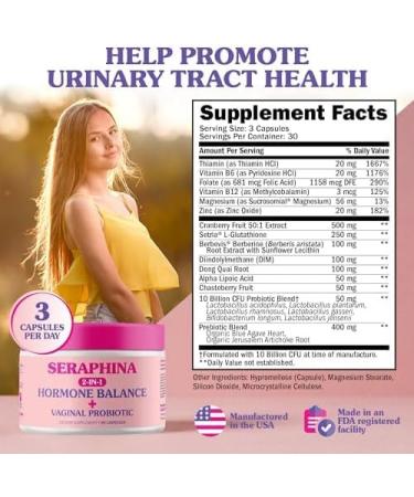 Seraphina Vaginal Probiotics 2-in-1 for Women | Hormone Balance PMS & Urinary Tract Health | 10 Billion CFU | 90 Capsules - Complete Feminine Care - Buy Online on GoSupps.com