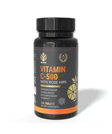 ALNIMA Halal Vitamin C 500mg with Rose HIPS Immune Support Antioxidant & Skin Health Tablets | Natural Citrus Bioflavonoids Complex | 100 Tablets Made in USA Halal Certified