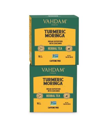 VAHDAM Turmeric Moringa Herbal Tea Bags (30 Count) Caffeine Free Non GMO Gluten Free | 100% Pure Herbal Blend - Sweet & Earthy | Individually Wrapped Pyramid Tea Bags | Direct from Source