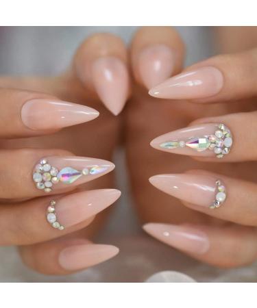 HUL Artificial Nail Tips - Natural Color Acrylic Pointed Toes with Strass Design | 24 Long High Heels Manicure Essentials - Buy Online on GoSupps.com