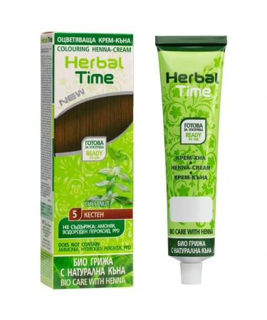 Herbal Time Henna Natural Cream Color Chestnut N 5 | Henna Coloring Cream with Nettle Extract | Gray Hair Cover | Temporary Color Dye Cream | Ammonia Free Sulfates Free Parabens Free | 75 ml Chestnut 5