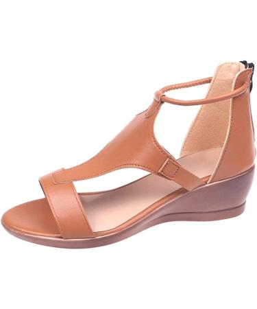 Rvidbe Women's Dressy Low Wedge Peep Toe Zipper Sandals - Brown, Size 8.5 - Buy Online on GoSupps.com
