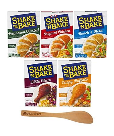 Shake 'n Bake Variety, Parmesan Crusted, Original Chicken, Ranch & Herb, BBQ Blaze, and Crispy Buffalo, 1 Box of Each (5 Pack) with Spice of Life Mini Bamboo Spatula