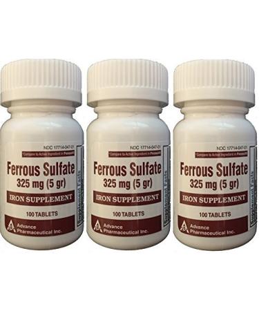 Ferrous Sulfate Iron Supplement 325 mg (5GR) Generic for Feosol Red Tablets 100 Tablets per Bottle Total 300 tablets by ADVANCE PHARMACEUTICAL 100 Count (Pack of 3)