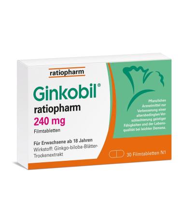 Ginkobil Ratiopharm 240 mg film -coated tablets strengthen the memory and concentration performance* with the extract from Ginkgo Biloba 30 film -coated tablets 30 pieces (1 Pack)