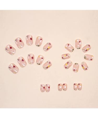 24Pcs Nude Pink Short Square Press on Nails with Summer Flowers Design - Glossy Acrylic Stick on Nails for Women - Buy Online on GoSupps.com