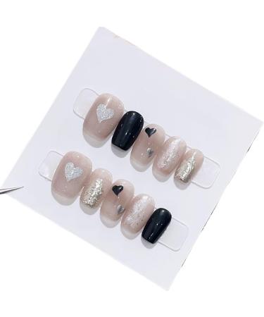 Short handmade wearing nails with contrasting colors and heart-shaped short detachable nail stickers for fake nails(L)