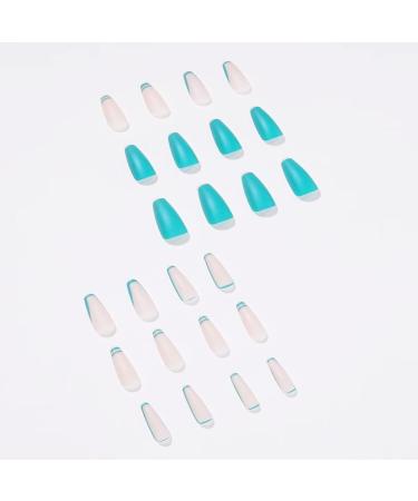 Runrayay Green Line Long Press on Nails | French Tips Coffin Fake Nails | Matte Full Cover Acrylic Nails for Women & Girls - Buy Online on GoSupps.com