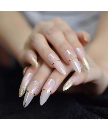 Hujl artificial nails "Beige French high heels with sequins press the wrong nails super long natural sharp spilled golden cross-linefake fingernails."