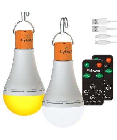 FLYHOOM Rechargeable Emergency Light Bulb with Remote, Portable Led Camping Light Bulb with White & Yellow Light for Camping, Hiking, Car, Hurricane, Emergency, 280LM, 5 Modes, Up to 6-18h Amber/Daylight 280LM 2Pack