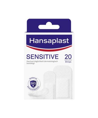 Hansaplast sensitive plasters (20 strips) skin -friendly and hypoallergenic wound plaster with Bacteria Shield & Safe adhesive power painless plasters 20 pieces (1 Pack) light
