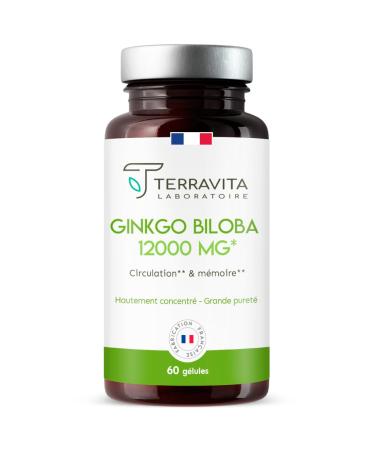 GINKGO BILOBA 12000 mg | 50:1 Extract Highly Dosed 6000 mg per Capsule | Memory Booster - Concentration - Tinnitus - Blood Circulation | 60 Vegan Capsules | Made in France | Terravita