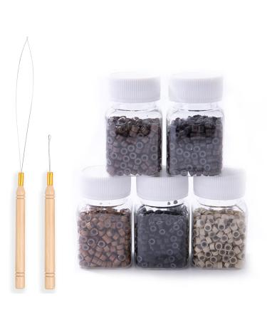 2500Pcs 5.0mm Silicone lined Micro Rings Silicone Micro Rings Lined Micro Links Silicone Beads Silicone Micro Rings Beads for Pre Bonded Hair Extensions with Pulling Hook and Hook Needle (5 colors)