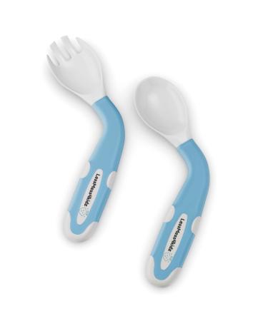 LessMess4Kidz Silicone Baby Fork and Spoon Set (1 Set of Blue) Toddler Utensils BPA Free. Bendable Self Feeding 2 Colors 100% Food Grade Baby Feeding Spoon and Toddler Fork Great for Snacks.