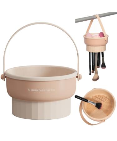 Makeup Brush Cleaner Solution 3 in 1 Silicone Make Up Brush Cleaner with Holder for Storage and Dry Hanging Makeup Brush Cleaning Bowl Makeup Brush Cleaner Mat with 4 Kinds of Screw (Khaki)