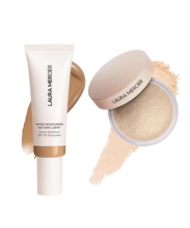 Laura Mercier Tinted Moisturizer Natural Dewy with SPF 30 24HR+ Hydration Shade 4C Hazel and Translucent Loose Talc-Free Setting Powder Ultra-Blur: Hyaluronic Acid Infused Shade Translucent Bundle