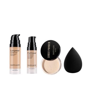 SACE LADY 4Pcs Foundation Concealer Face Make Up Set Flawless Matte Foundation Full Coverage Concealer Oil Control Loose Powder and Makeup Sponge Lasting Waterproof Natural Cosmetics Kit