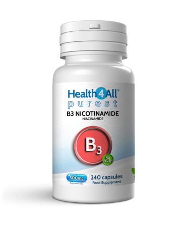 Vitamin B3 Nicotinamide (Niacinamide) 500mg 240 Capsules (V) Vegan. No-Flush Niacinamide. Made in The UK by Health4All 240 count (Pack of 1)