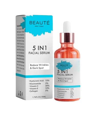 BEAUT Ultimate Skin Rejuvenation: 5-in-1 Facial Serum (50ml) Hyaluronic Acid Niacinamide Vitamins E & C Collagen Aloe Vera Cruelty Free