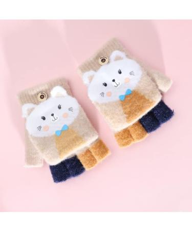 Kids Puppy Flip Top Short Knitted Gloves | Toddler Half Finger Gloves for 3-8 Yrs | Cat/Beige - Buy Online on GoSupps.com