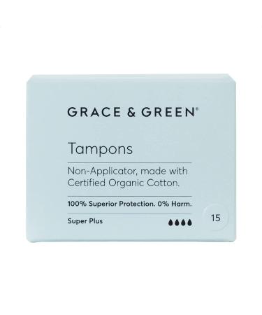 Grace & Green - Organic Tampons - Non-Applicator - Size: Super Plus - Made with Organic Cotton - 100% Free from Plastic - 15x Super Plus Tampons Super Plus 15 Tampons