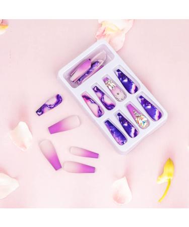 24 Pcs Rhinestone Design Violet Purple Press on Nails - Long Full Cover False Nails for Women and Girls - Buy Online on GoSupps.com