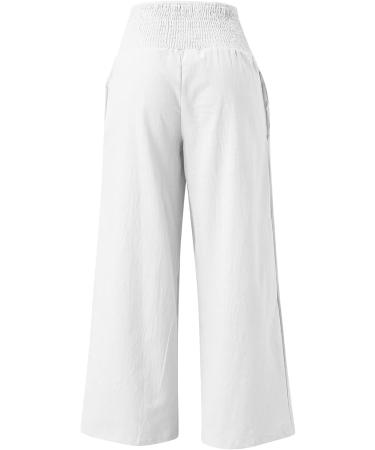 FUAIOKT Linen Wide Leg Beach Palazzo Pants for Women - High Waisted, Casual, Flowy, Smocked Lounge Trousers | S-5XL | A-White - Small - Buy Online on GoSupps.com