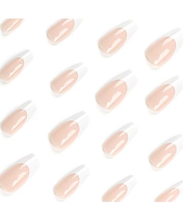 Mouyouglow Press-On Nails - Medium Ballerina Nude Pink & White French Fake Nails with Glue | Glossy Artificial Fingernails - Buy Online on GoSupps.com
