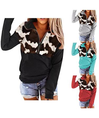 Angxiwan Zip Up Pullover for Women Casual Patchwork Sweatshirts Long Sleeve Winter Fall Tops Black Large