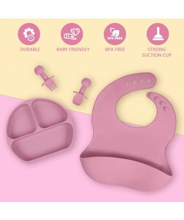 Vicloon Silicone Baby Feeding Set | 4Pcs Weaning Set | Suction Plate, Bib, Spoon & Fork | BPA Free | Toddlers & Kids Divided Plate | Gift - Pink - Buy Online on GoSupps.com