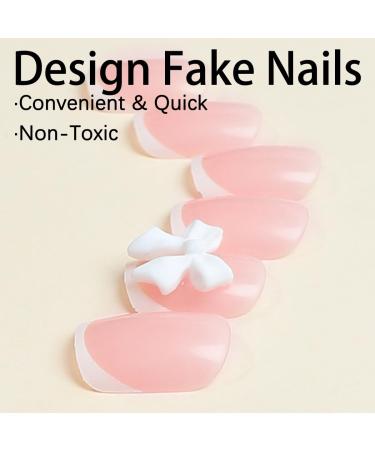 Buy Pink Press on Nails - Short Square Fake Nails with White French Tips & Bow Nail Charms | 24 Pcs Glossy Nude Pink Acrylic Designs for Daily Wear - Buy Online on GoSupps.com