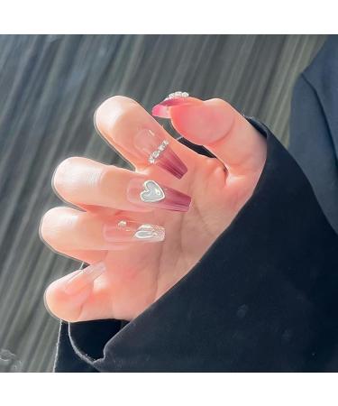 24Pcs/Set Press On Nails Ins Mid Length Wine Red heart False Nails Acrylic Fake Nails Full Cover Nails Tips Artificial Finger Manicure Press on nails for Women and Girls