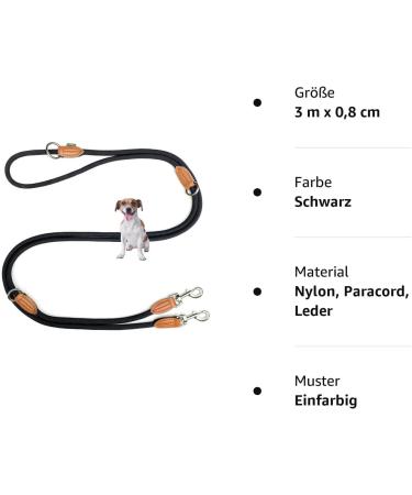 Leitengr n Adjustable Dog Leash for Small Dogs | 3M Length 0.8cm Width Lightweight (200g) with 2 Carabiners | Devon Model - Black - Buy Online on GoSupps.com
