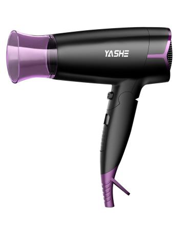 YASHE Travel Hairdryer with Folding Handle 1700W Fast Drying Blow Dryer with 1 Concentrator Dual Heat & Speed Settings Cool Shot Button Lightweight & Compact Design Hang Loop Black/Purple