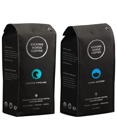 Kicking Horse Coffee Pacific Pipeline Medium Roast Whole Bean 1 lb - Certified Organic Fairtrade Kosher Coffee & Three Sisters Medium Roast Ground 284 g