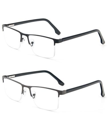 MMOWW 2-pack reading glasses men with blue light filters rectangular semicases metal reading glasses reading aid spring hinge reading glasses black+gray 1.0 x